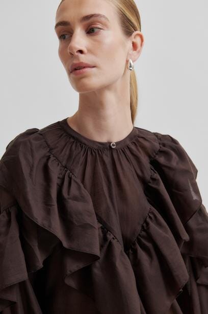 Second Female Fria Frill Blouse Chocolate Plum Bluse