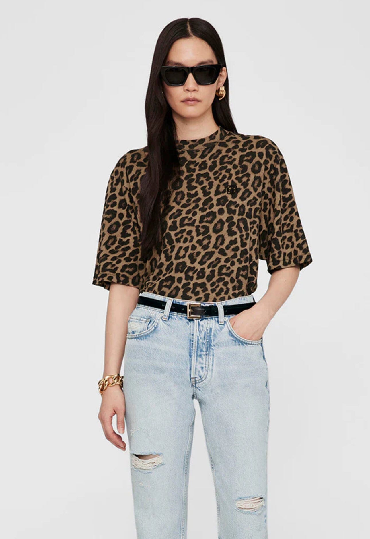 Anine Bing Avi Tee Black and Brown Leopard T-shirt