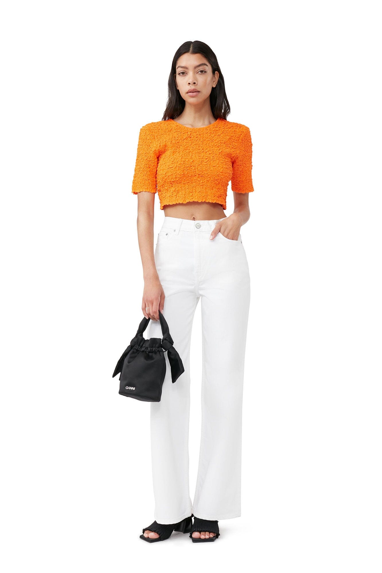 Ganni F7708 Cotton Poplin O-neck Cropped Smock Top Vibrant Orange Topp
