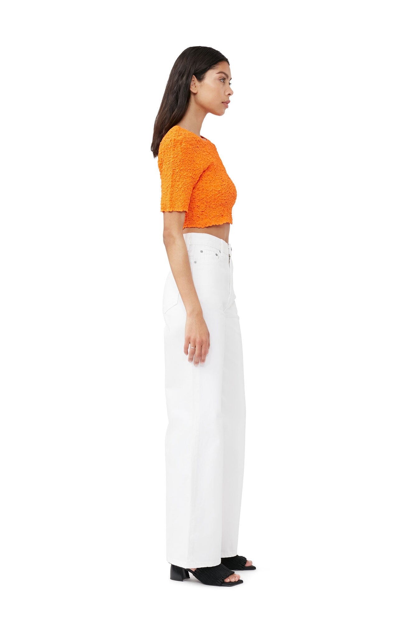Ganni F7708 Cotton Poplin O-neck Cropped Smock Top Vibrant Orange Topp