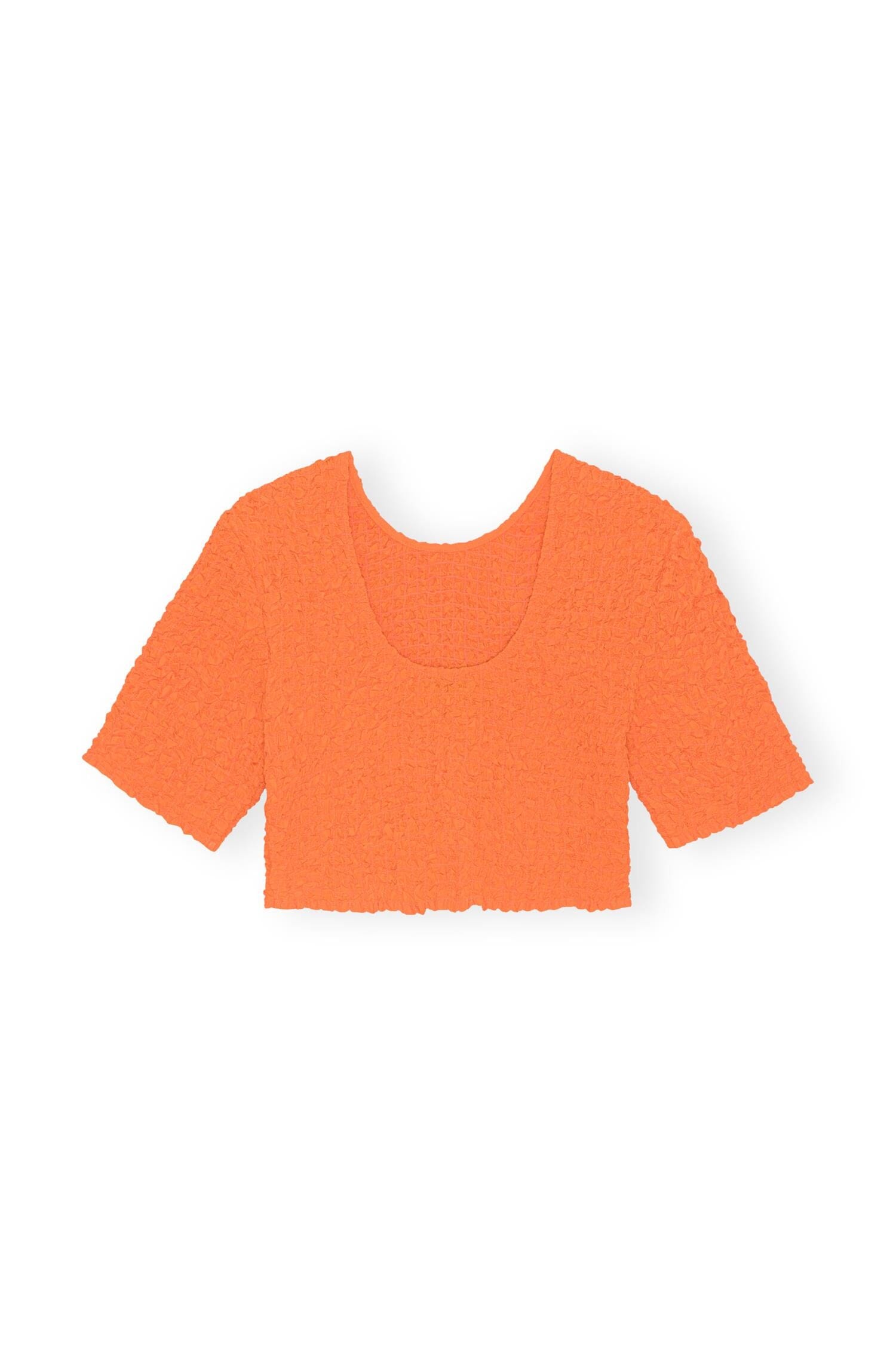 Ganni F7708 Cotton Poplin O-neck Cropped Smock Top Vibrant Orange Topp