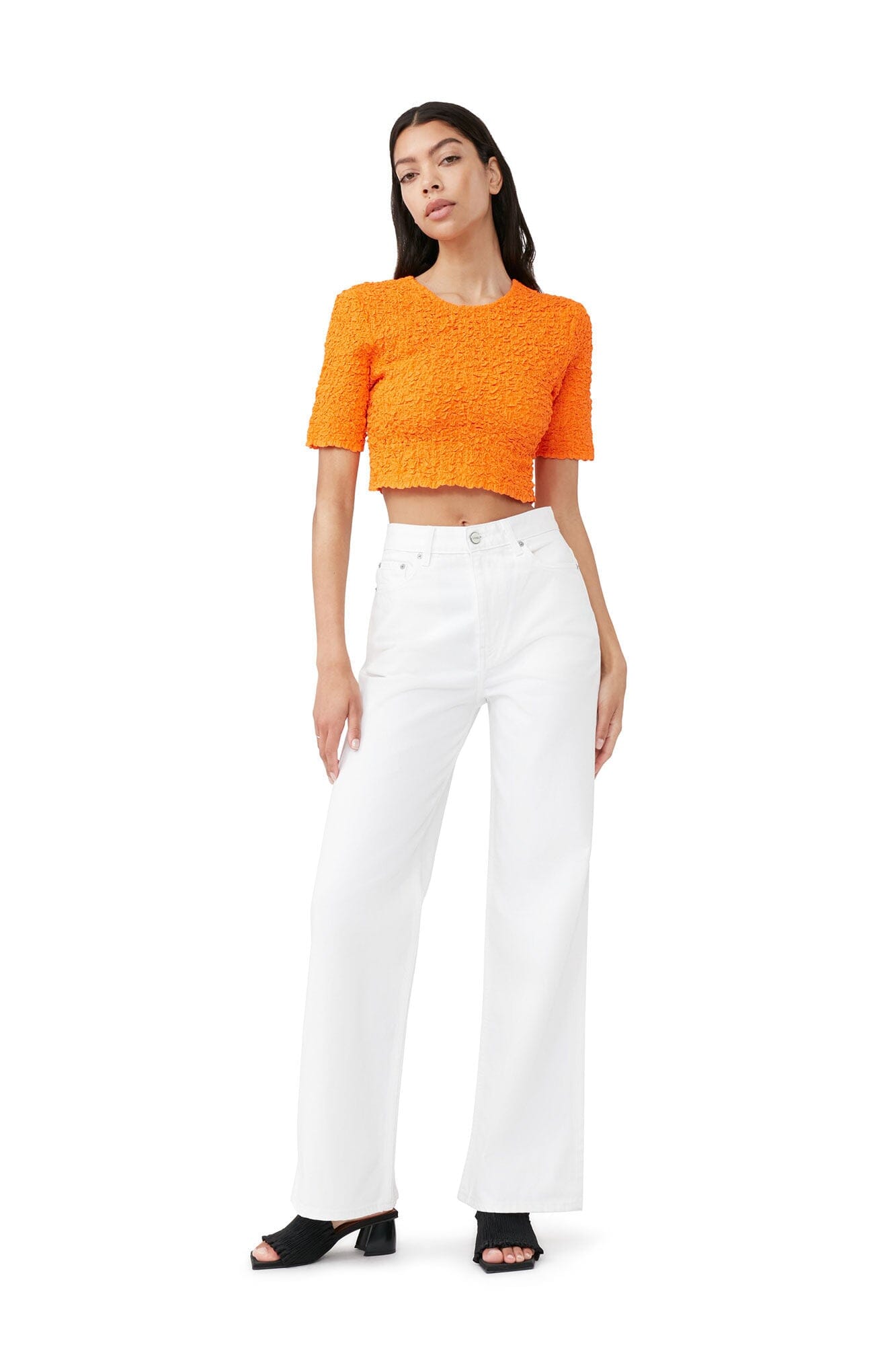Ganni F7708 Cotton Poplin O-neck Cropped Smock Top Vibrant Orange Topp