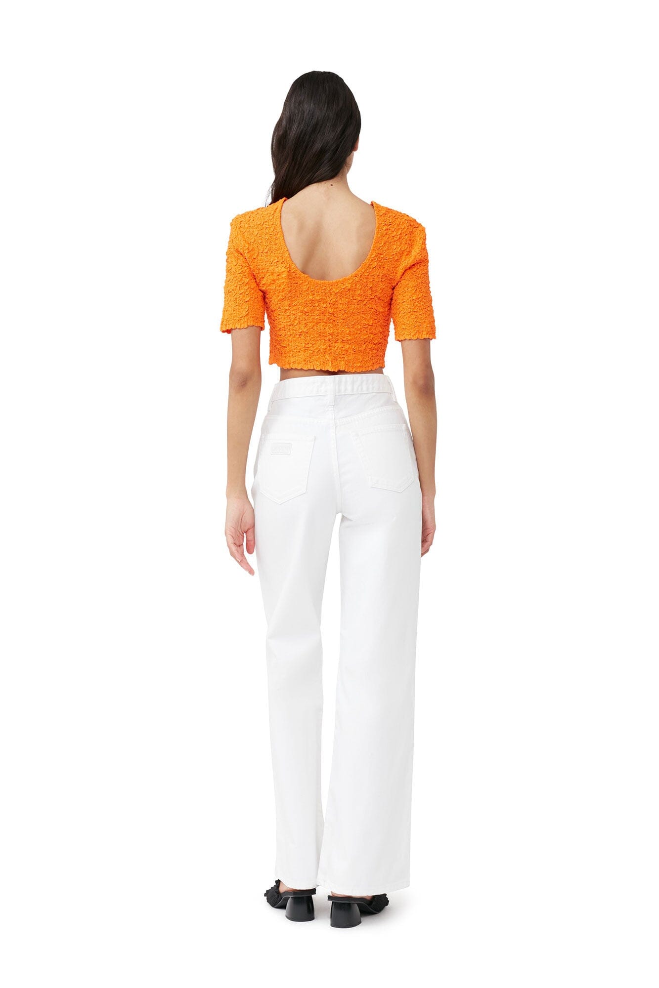 Ganni F7708 Cotton Poplin O-neck Cropped Smock Top Vibrant Orange Topp