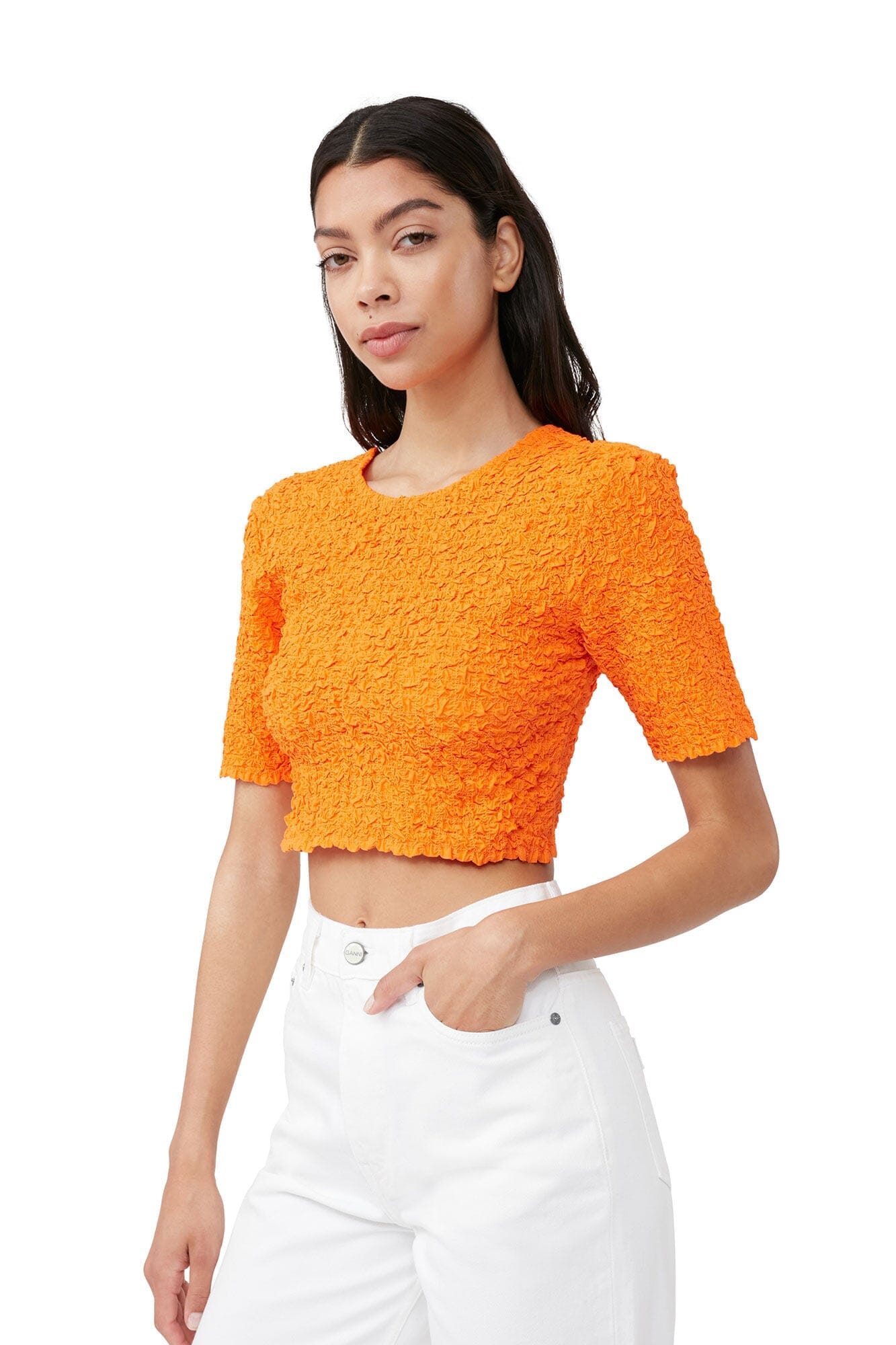 Ganni F7708 Cotton Poplin O-neck Cropped Smock Top Vibrant Orange Topp