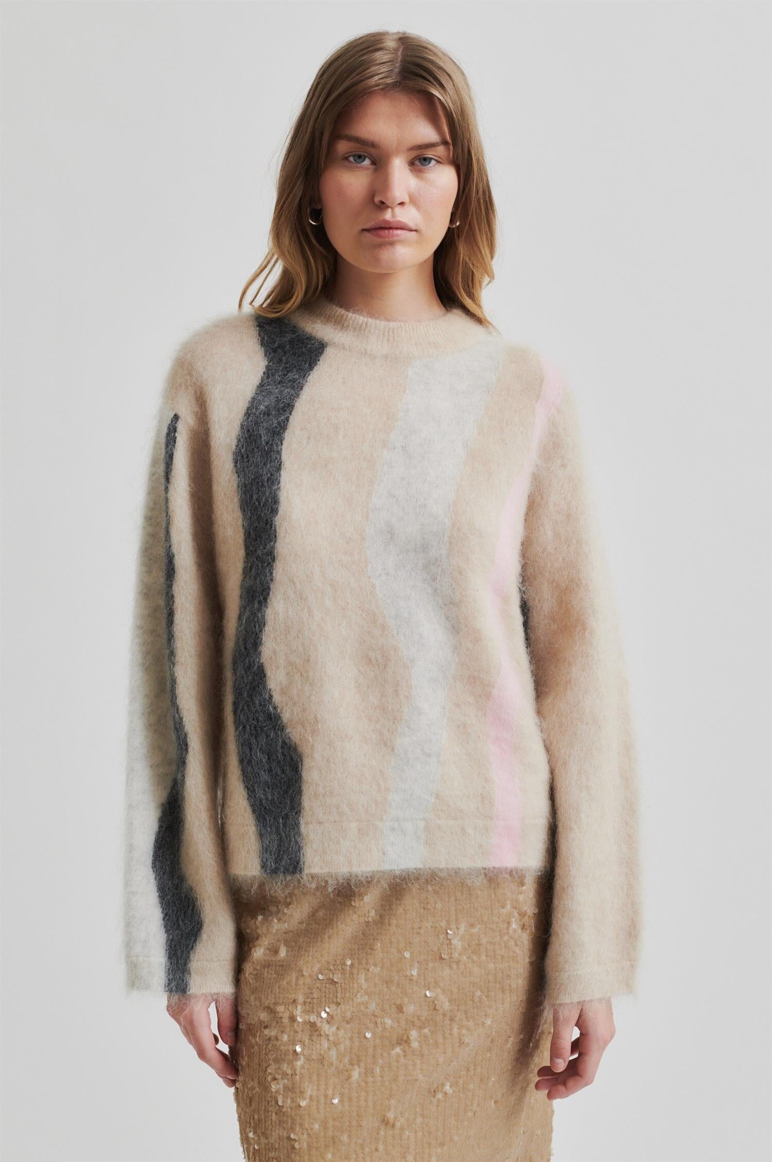 Second Female Marbel Knit O-Neck Trench Coat Genser