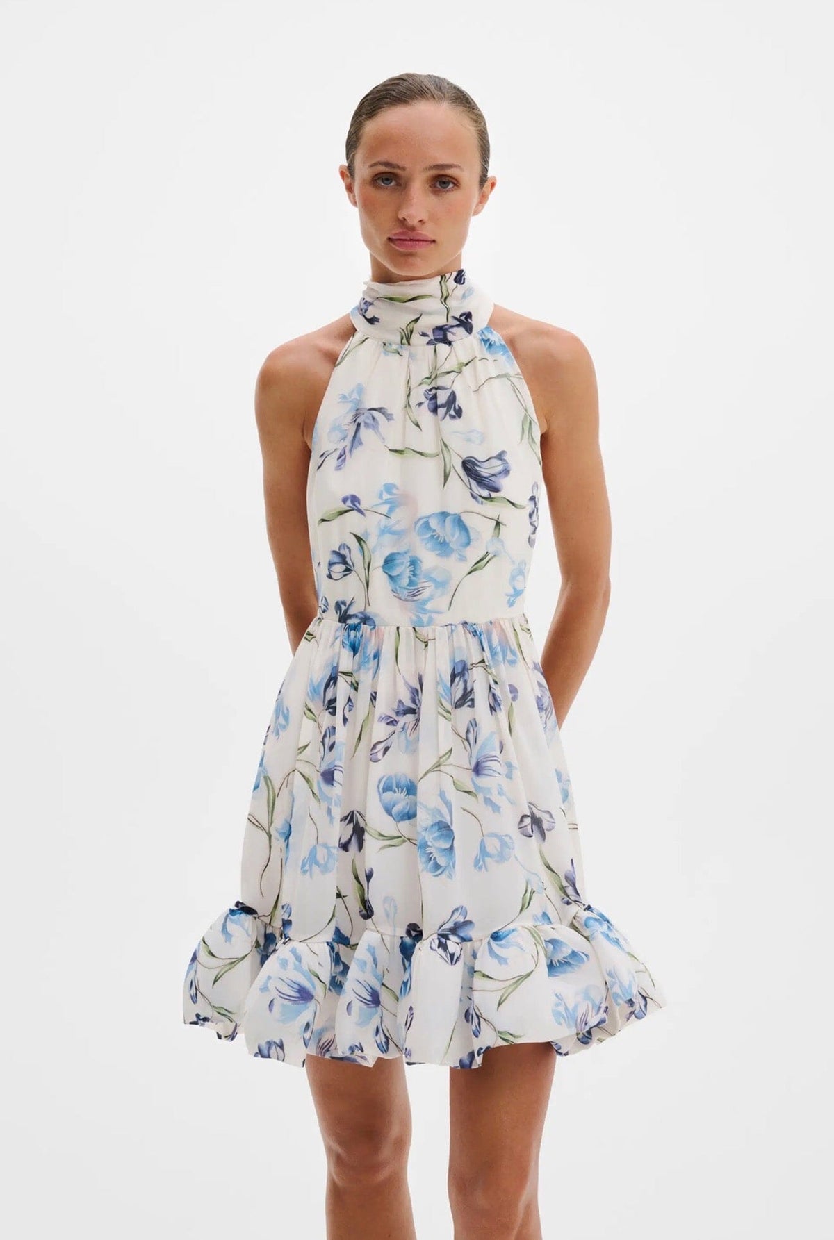 Malina Fern Halterneck Ruffled Mini Dress Tulip Blue Kjole