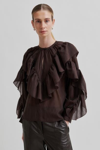 Second Female Fria Frill Blouse Chocolate Plum Bluse