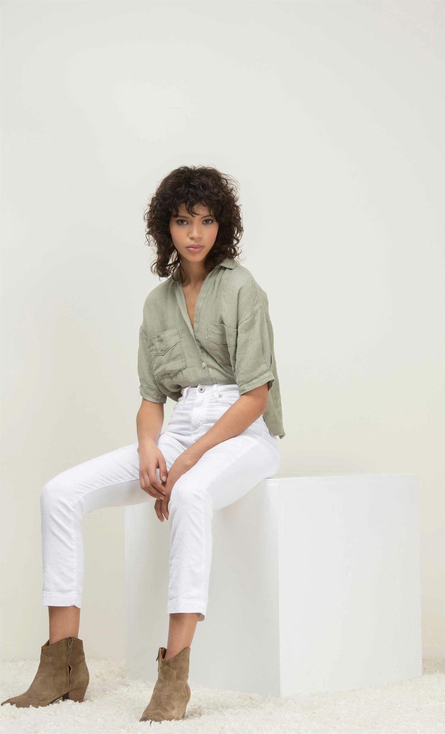 Denim Studio Colette Drill De Lin Stretch Blanc Bukse