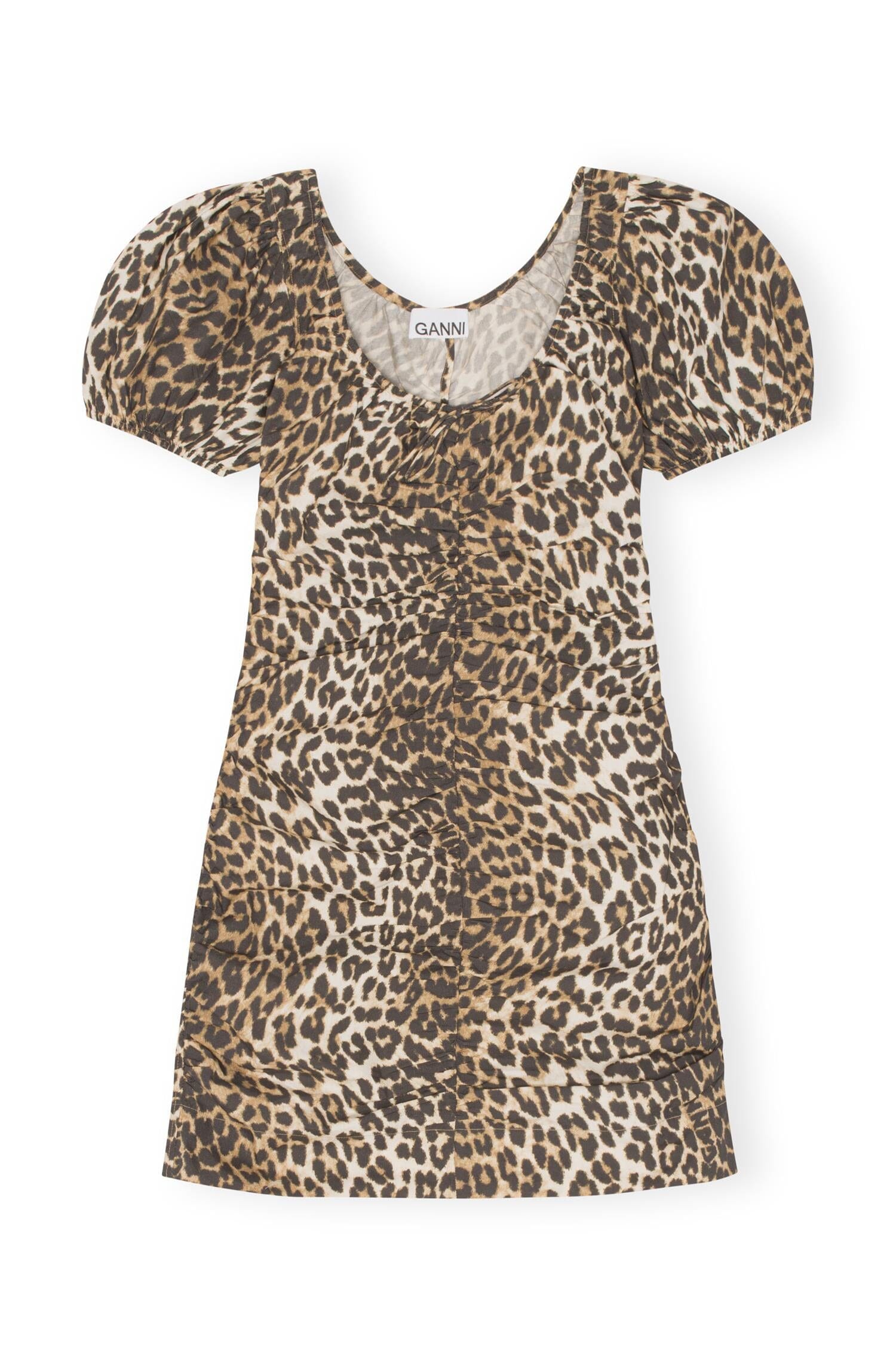Ganni F7722 Printed Cotton Gathered U-neck Mini Dress Big Leopard Almond Milk Kjole